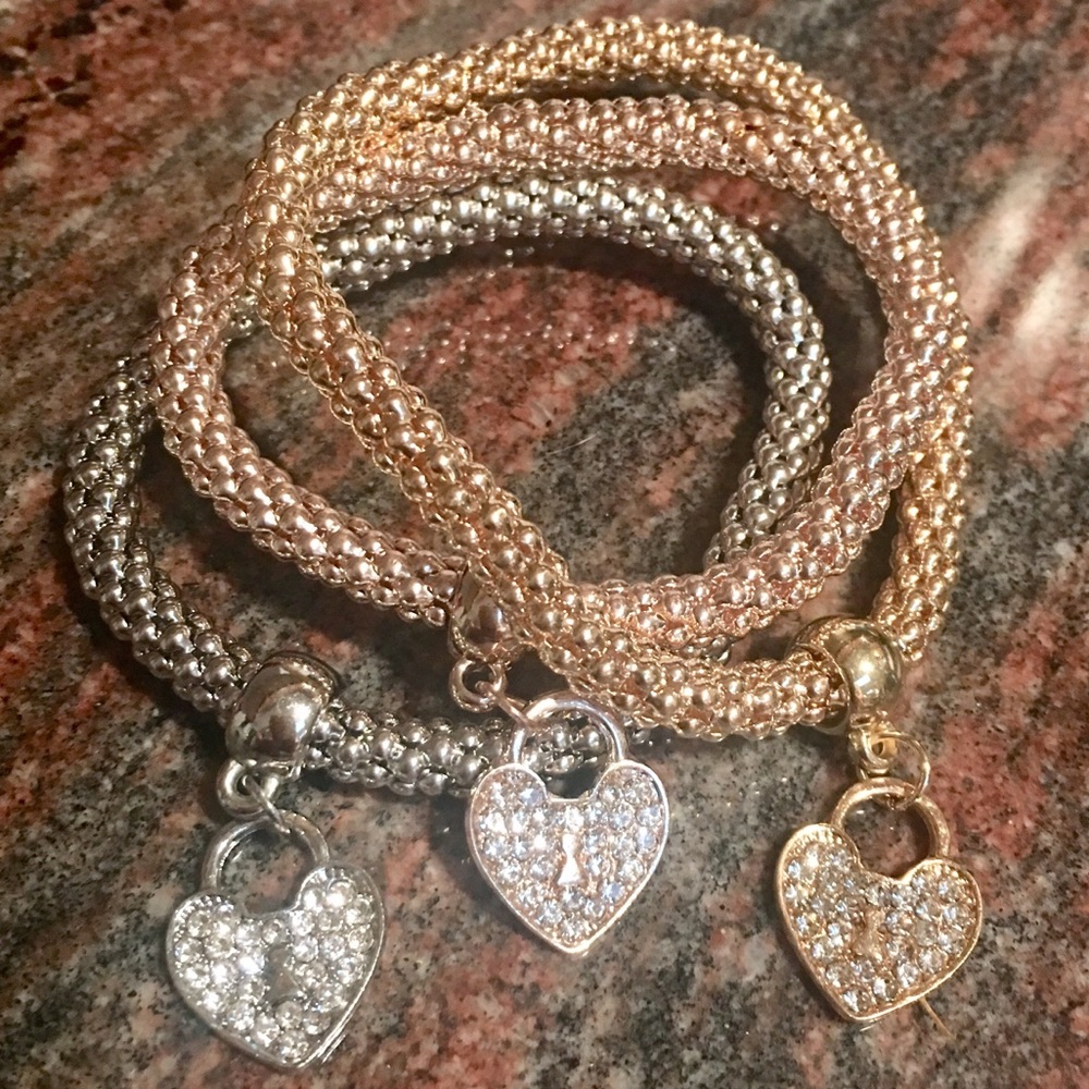 Three bracelet set, w/pave keyhole heart charms!!